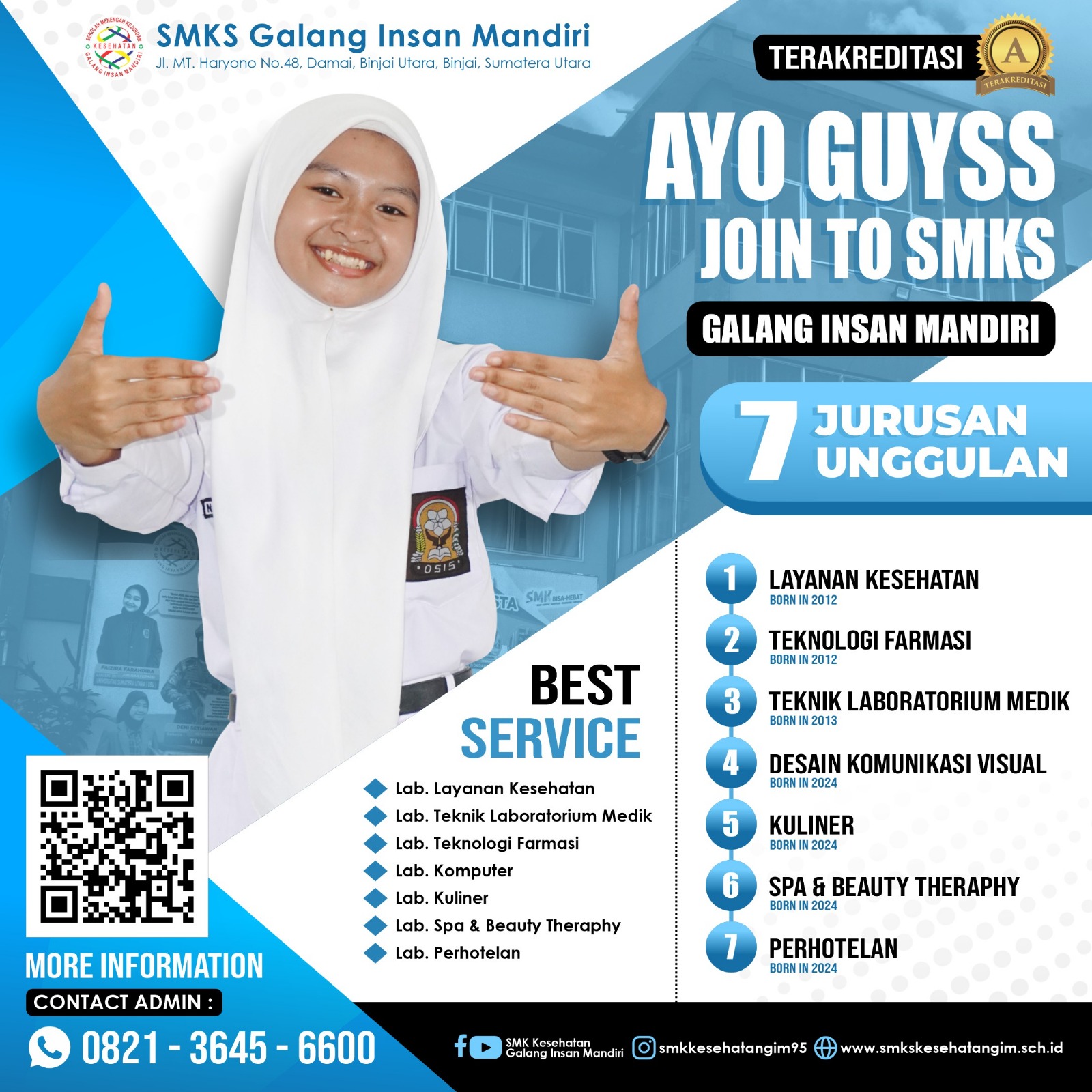 SMKS Galang Insan Mandiri. Saat ini telah telah meiliki 7 Jurusan terbaru, yaitu : Layanan Kesehatan,Teknoloi Farmasi, Teknik Laboratorium Medik, Desain Komunikasi Visual, Kuliner, Spa & Beuty Theraphy, Perhotelan.